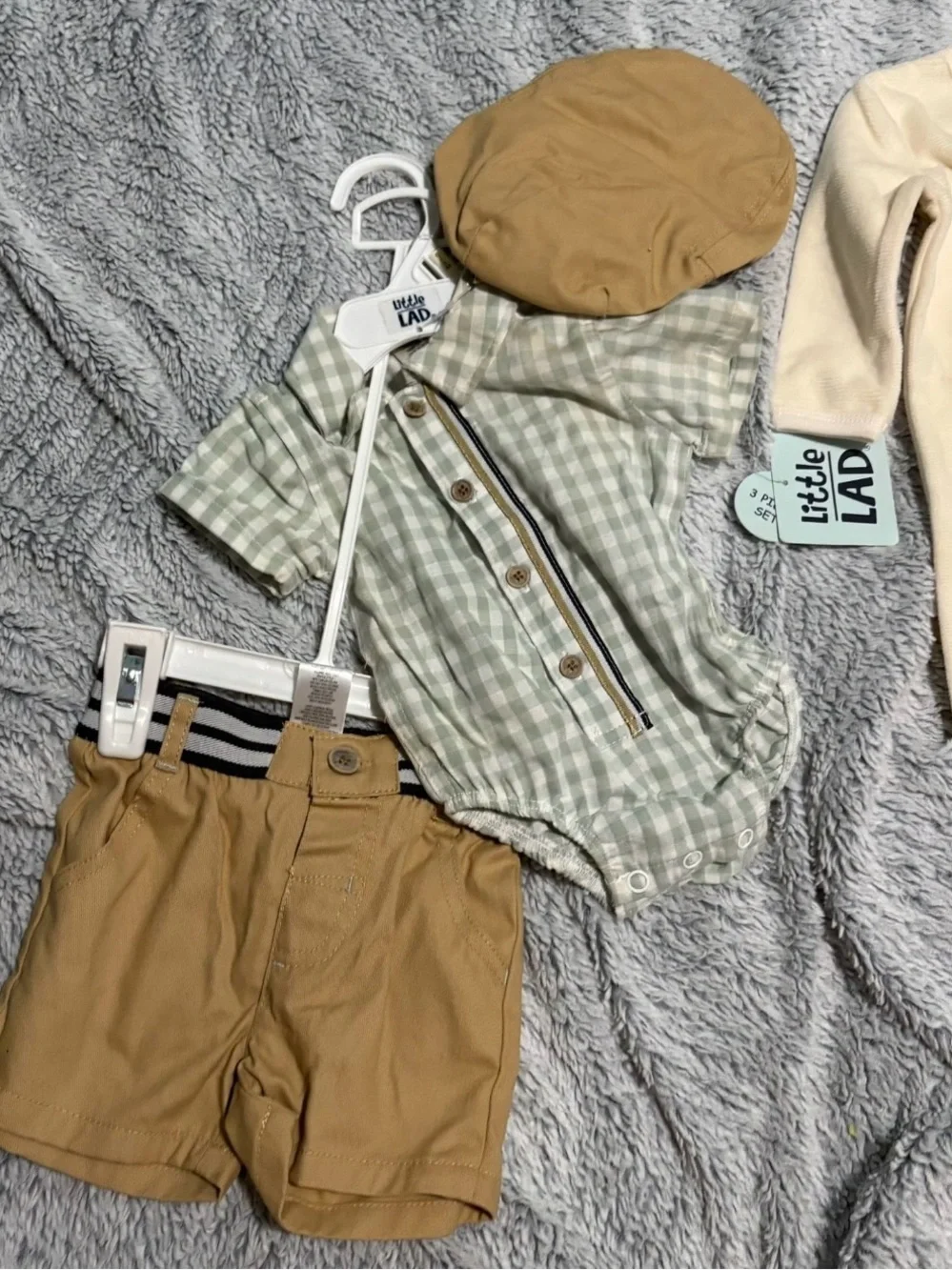 Little Lad Green Gingham Button Baby Romper with Tan Shorts & Cap 0-3 M